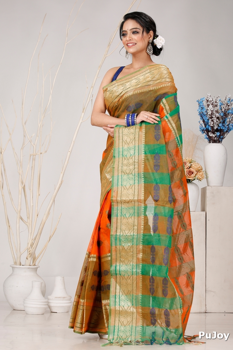 Orange Green Pure Cotton Raj Nandi Desigine Tant Saree (2830)