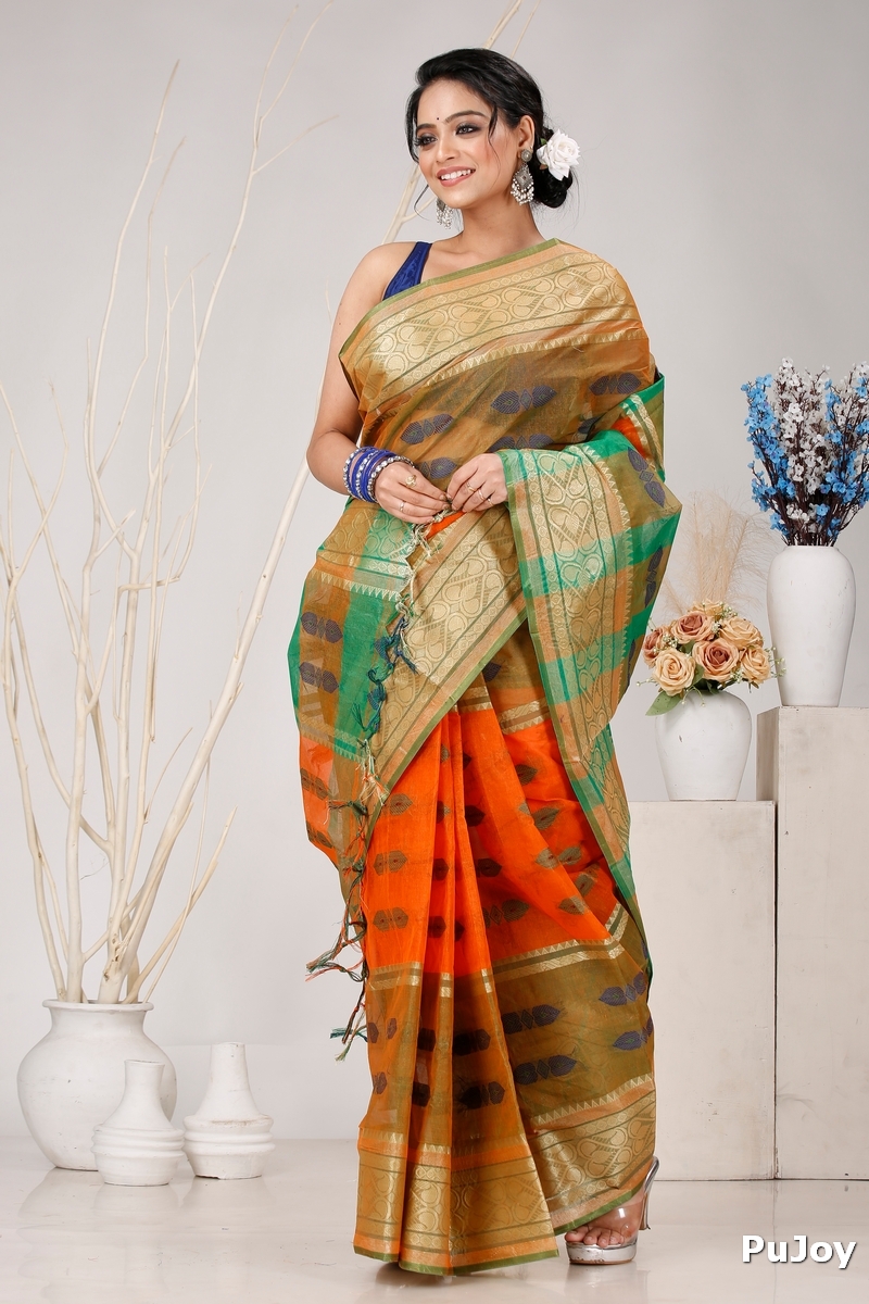 Orange Green Pure Cotton Raj Nandi Desigine Tant Saree (2830)