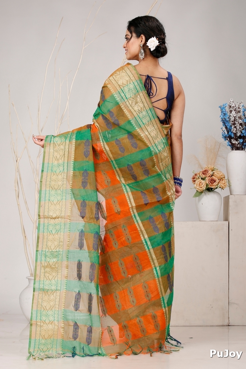 Orange Green Pure Cotton Raj Nandi Desigine Tant Saree (2830)