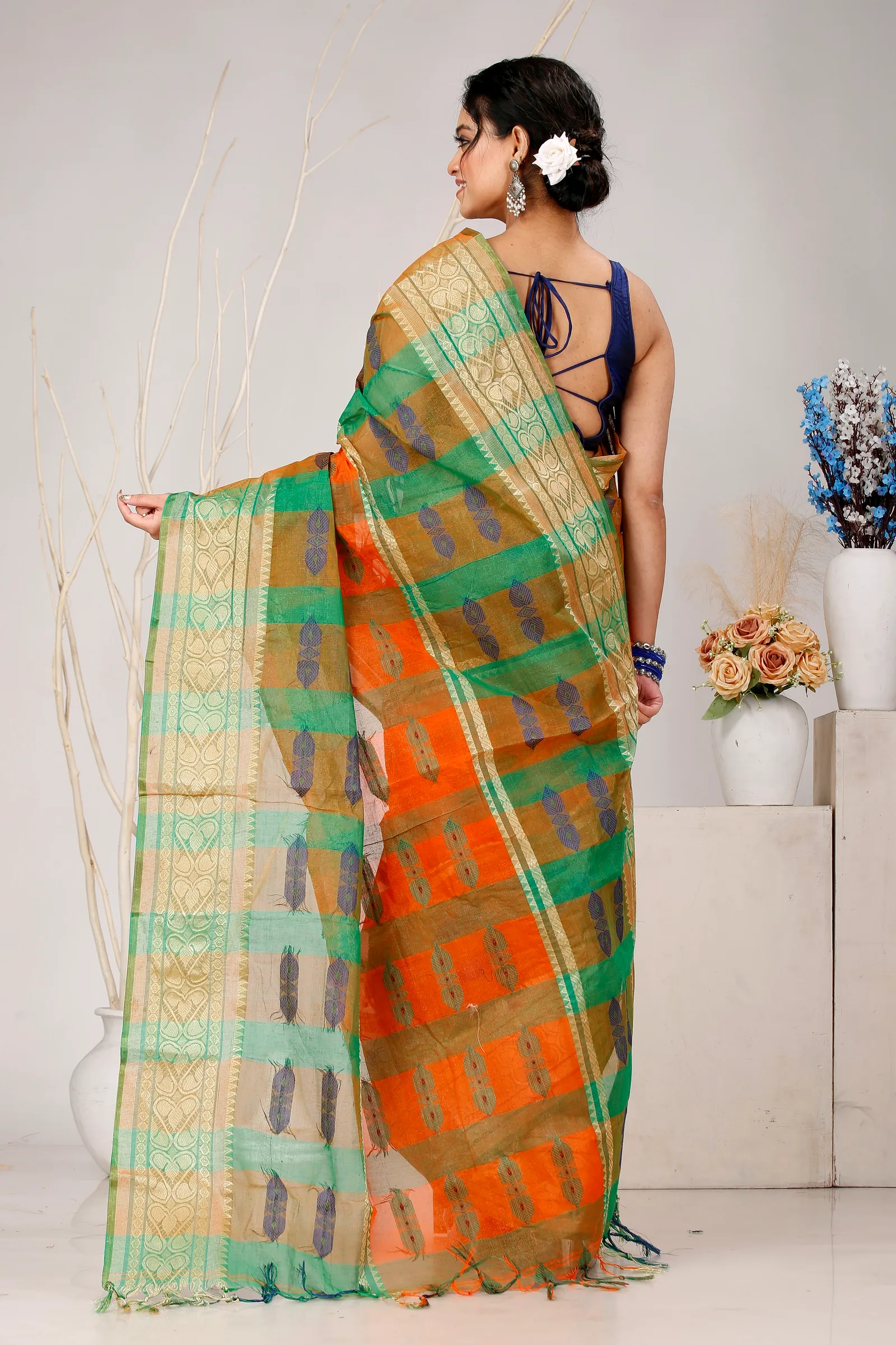 Orange Green Pure Cotton Raj Nandi Desigine Tant Saree (2830)