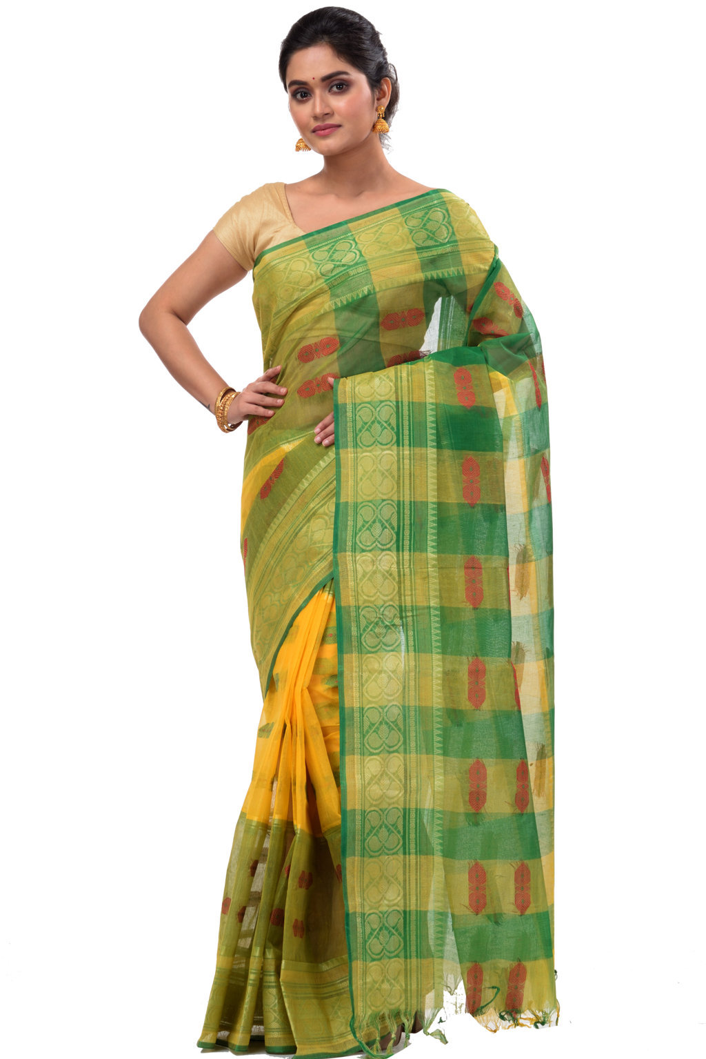 Yellow Green Pure Cotton Raj Nandi Desigine Tant Saree (2832)