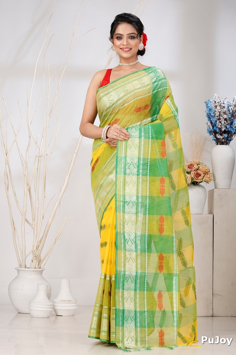 Yellow Green Pure Cotton Raj Nandi Desigine Tant Saree (2832)