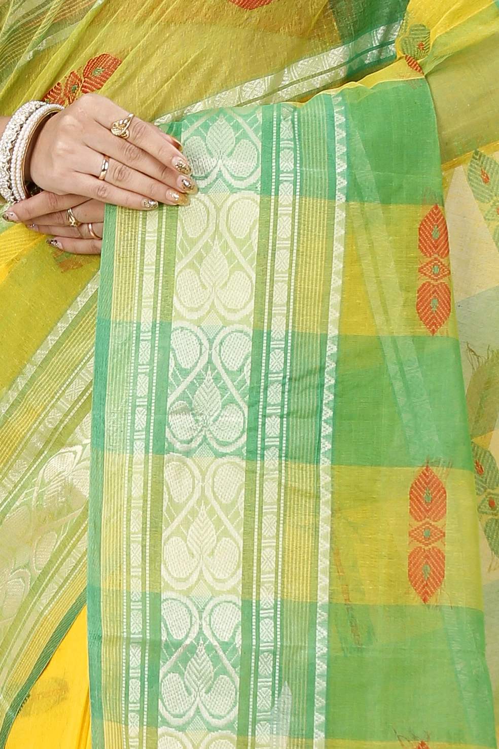 Yellow Green Pure Cotton Raj Nandi Desigine Tant Saree (2832)