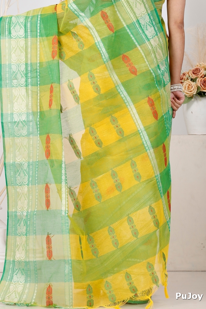 Yellow Green Pure Cotton Raj Nandi Desigine Tant Saree (2832)