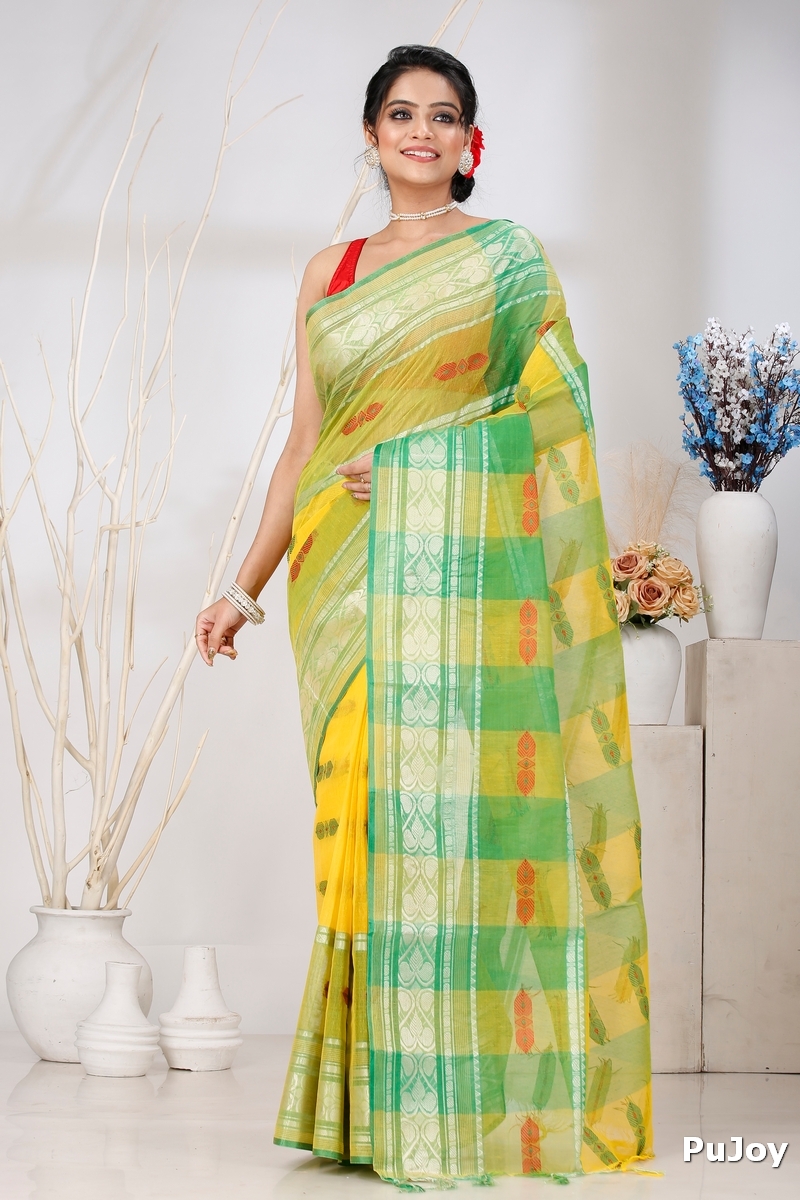 Yellow Green Pure Cotton Raj Nandi Desigine Tant Saree (2832)