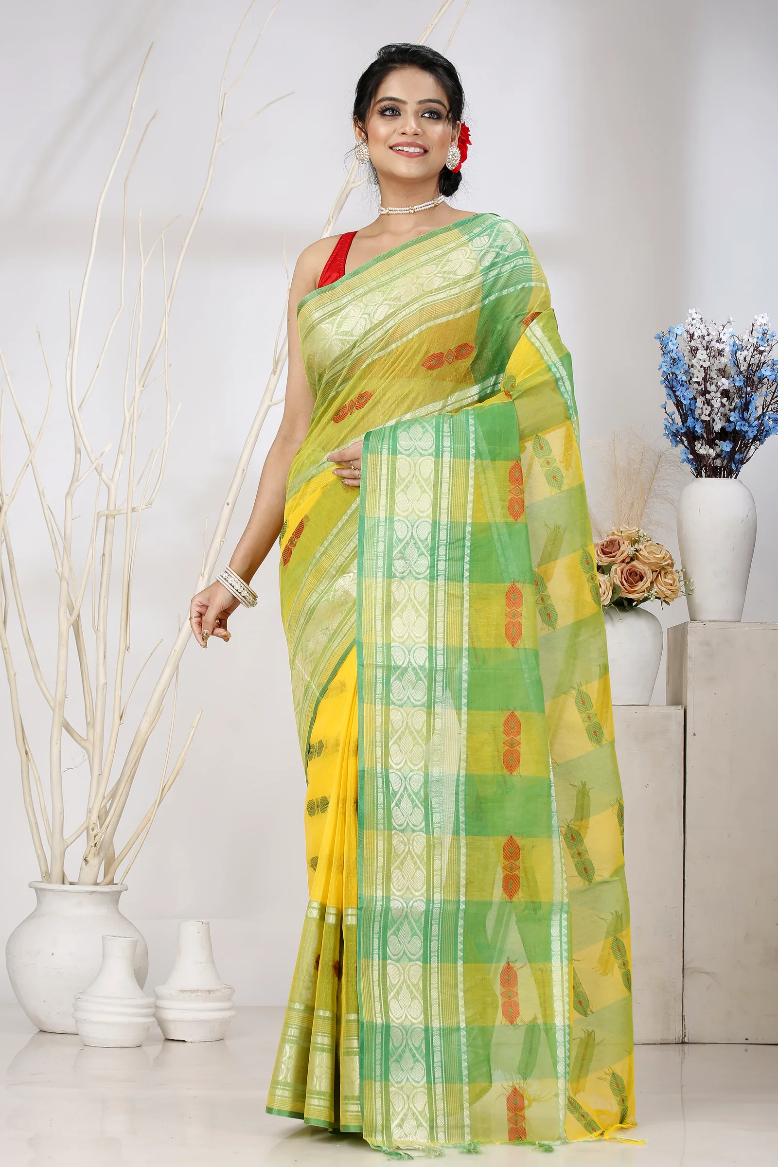 Yellow Green Pure Cotton Raj Nandi Desigine Tant Saree (2832)