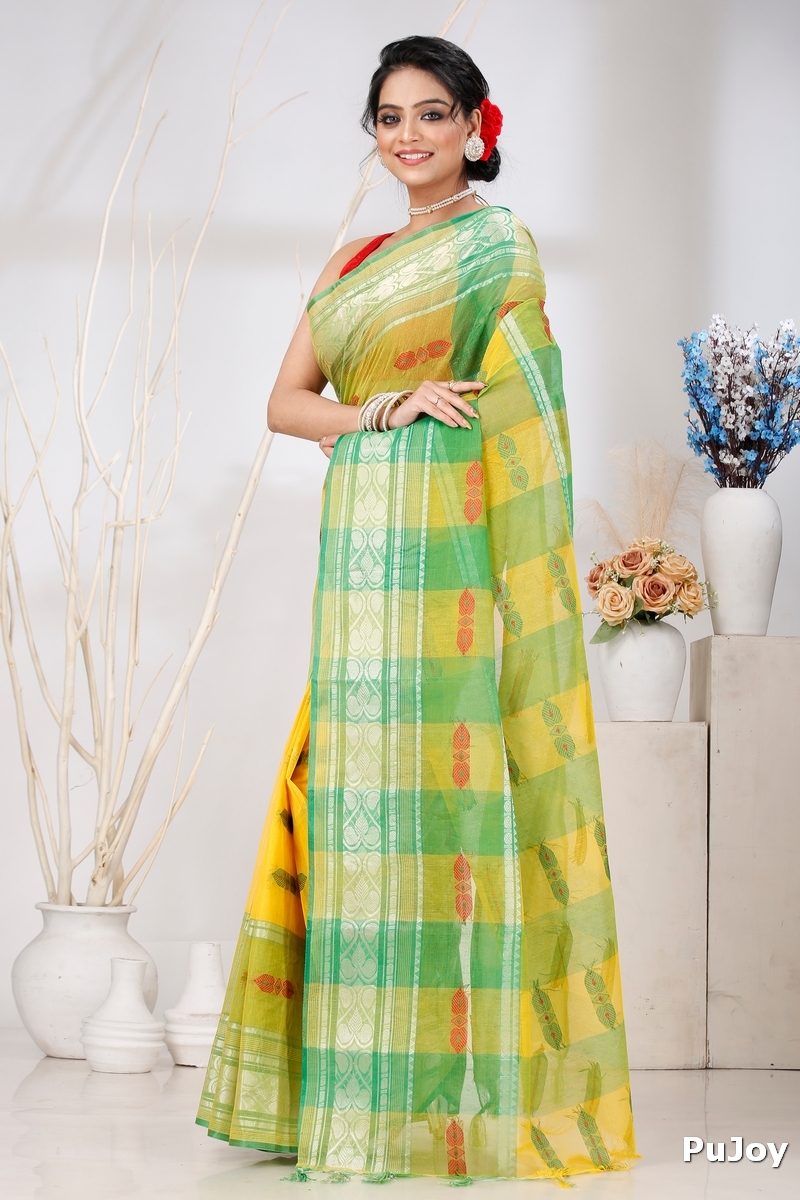 Yellow Green Pure Cotton Raj Nandi Desigine Tant Saree (2832)