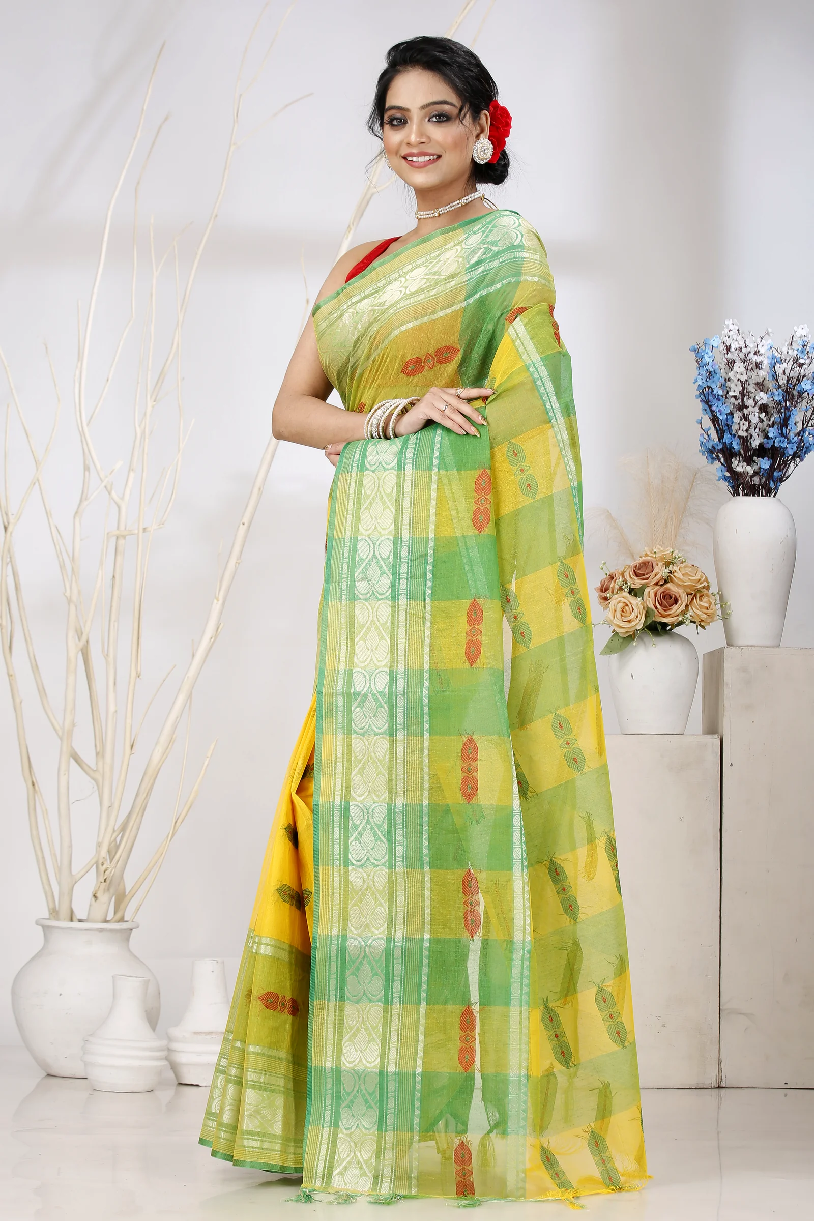 Yellow Green Pure Cotton Raj Nandi Desigine Tant Saree (2832)