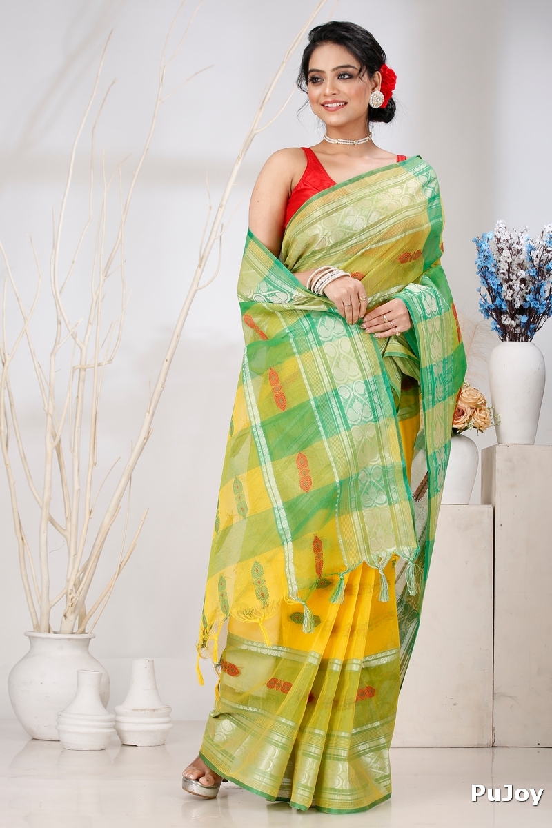 Yellow Green Pure Cotton Raj Nandi Desigine Tant Saree (2832)