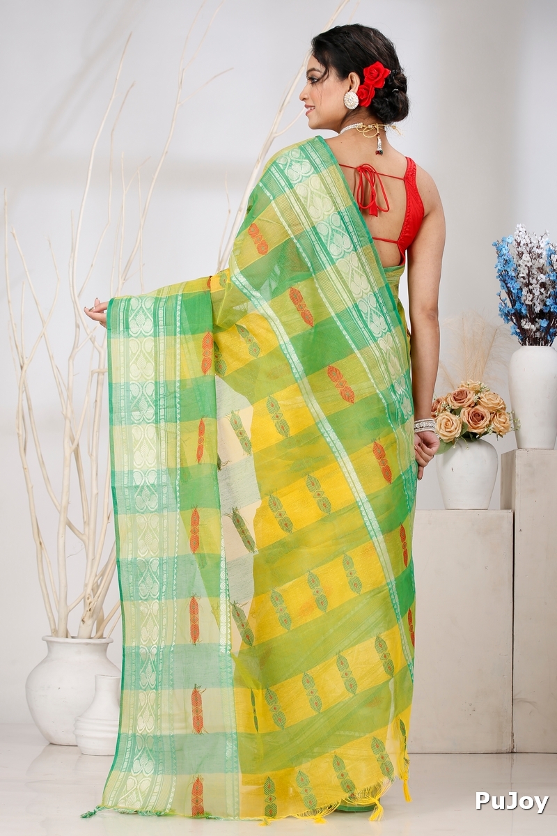 Yellow Green Pure Cotton Raj Nandi Desigine Tant Saree (2832)