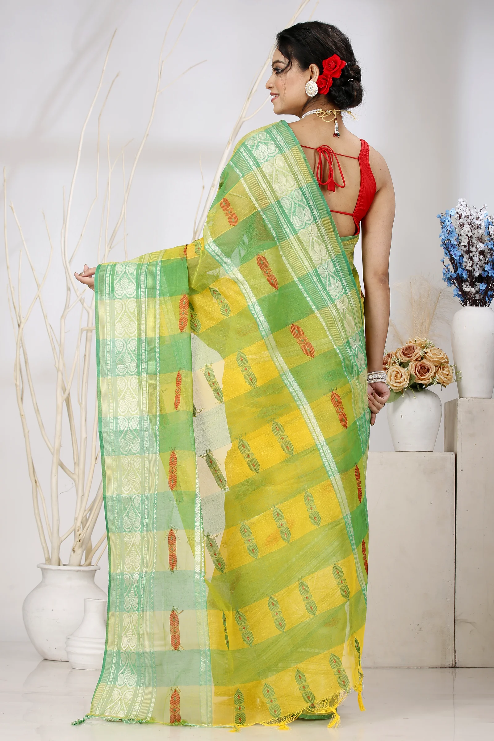 Yellow Green Pure Cotton Raj Nandi Desigine Tant Saree (2832)