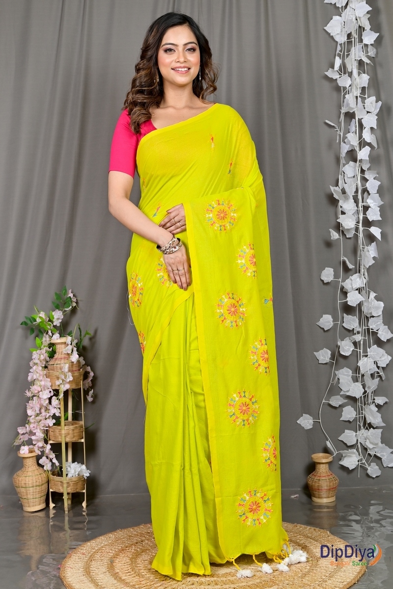 Lime Green Pure Cotton Parama Embroidery Handloom saree (284)