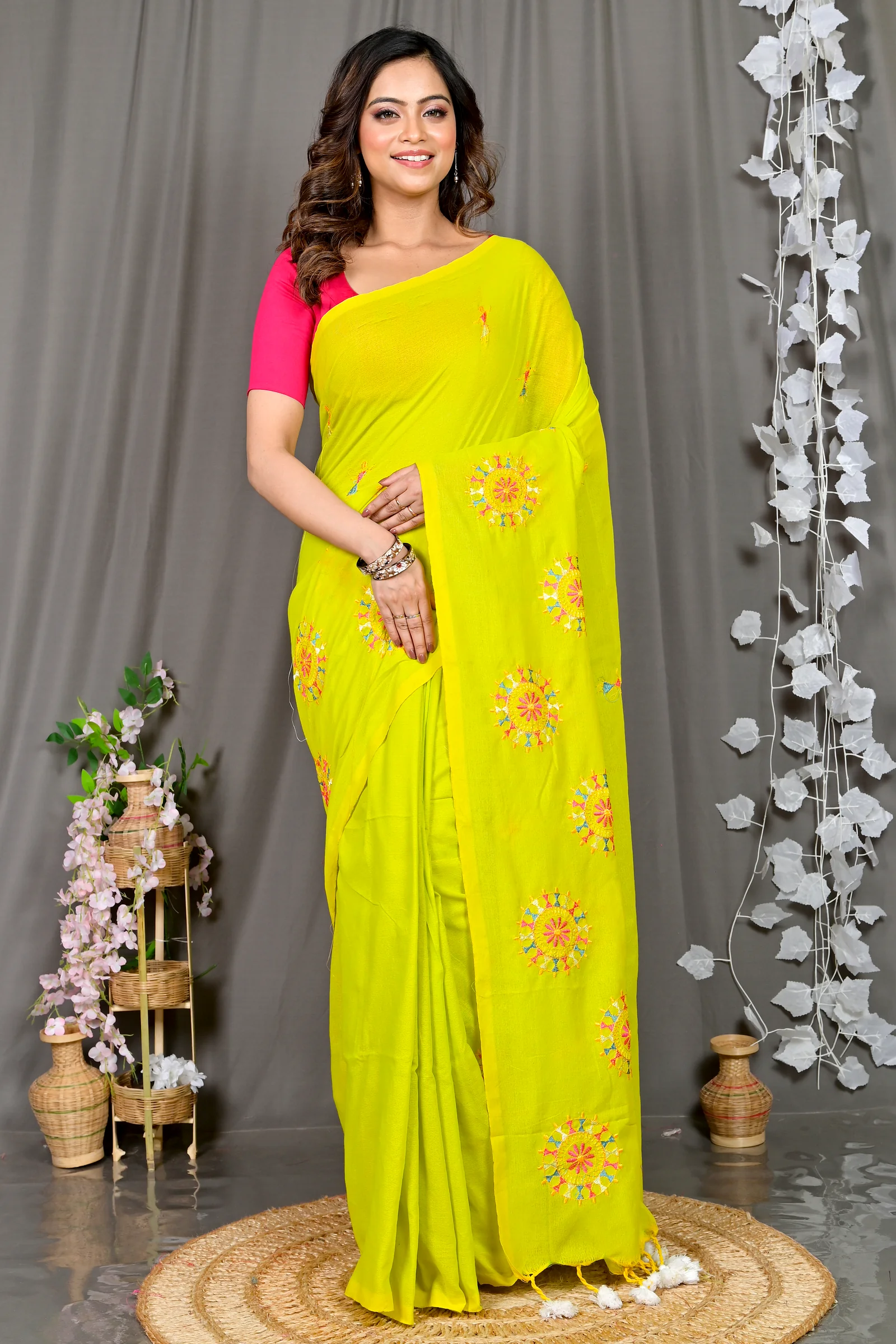Lime Green Pure Cotton Parama Embroidery Handloom saree (284)