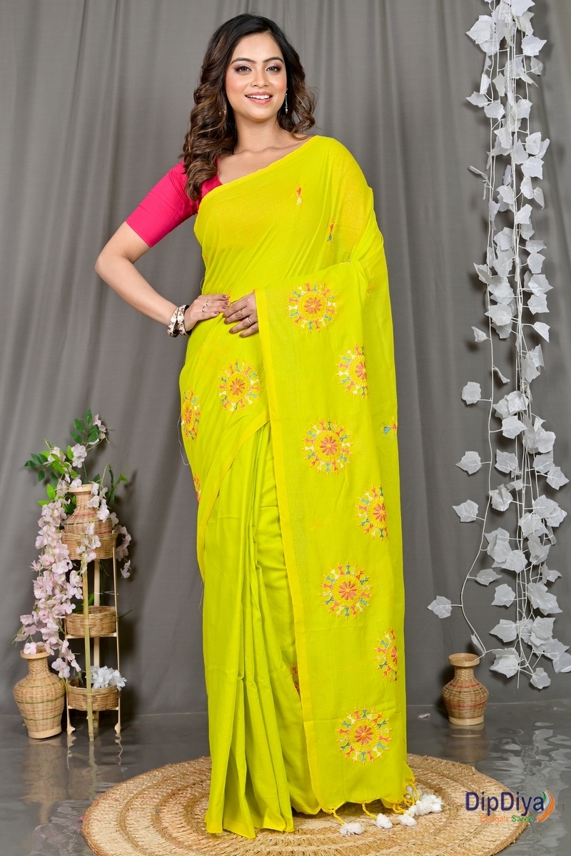Lime Green Pure Cotton Parama Embroidery Handloom saree (284)