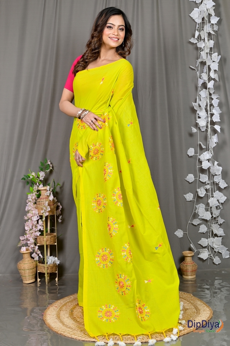 Lime Green Pure Cotton Parama Embroidery Handloom saree (284)