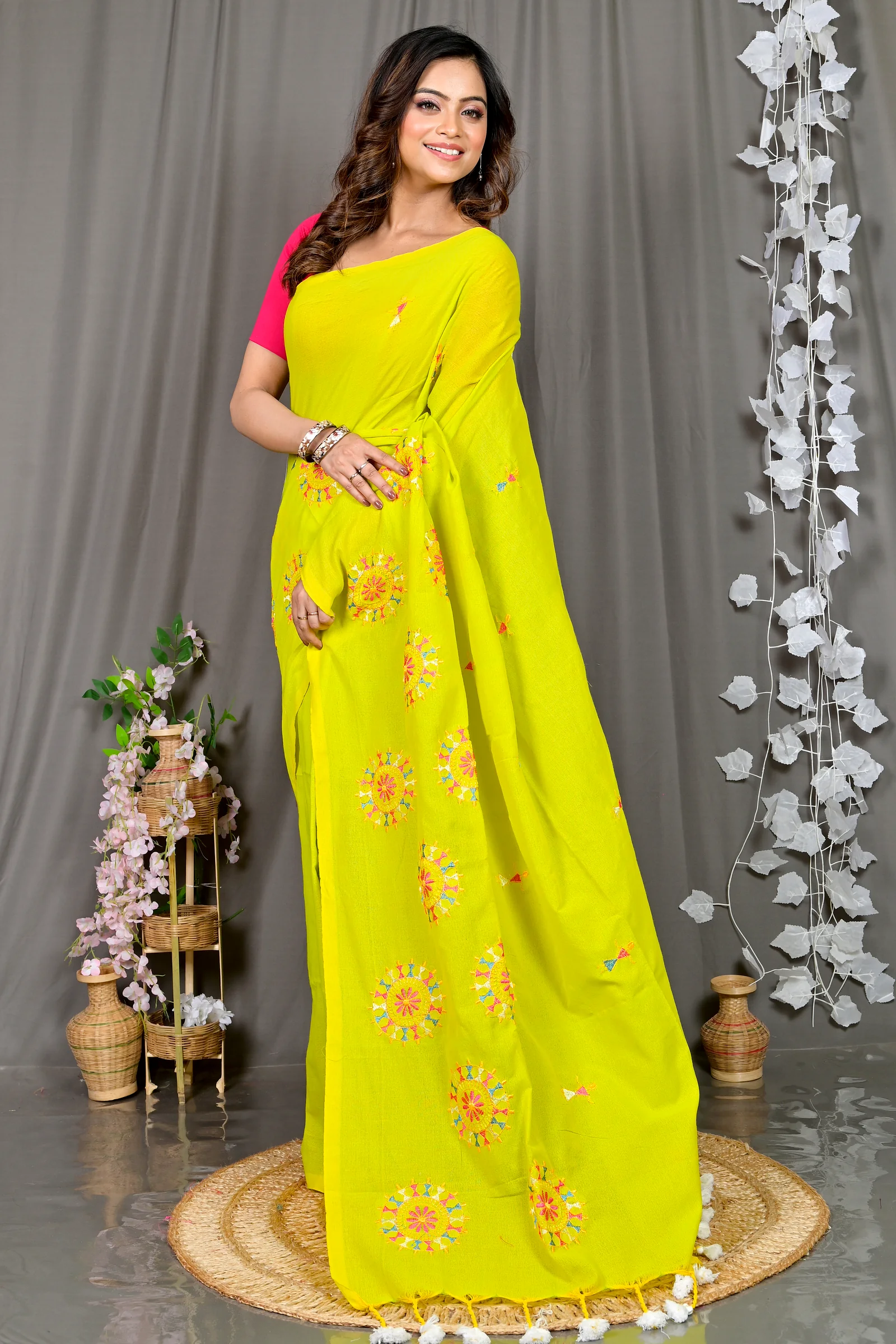 Lime Green Pure Cotton Parama Embroidery Handloom saree (284)