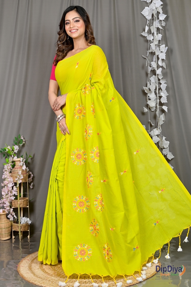 Lime Green Pure Cotton Parama Embroidery Handloom saree (284)