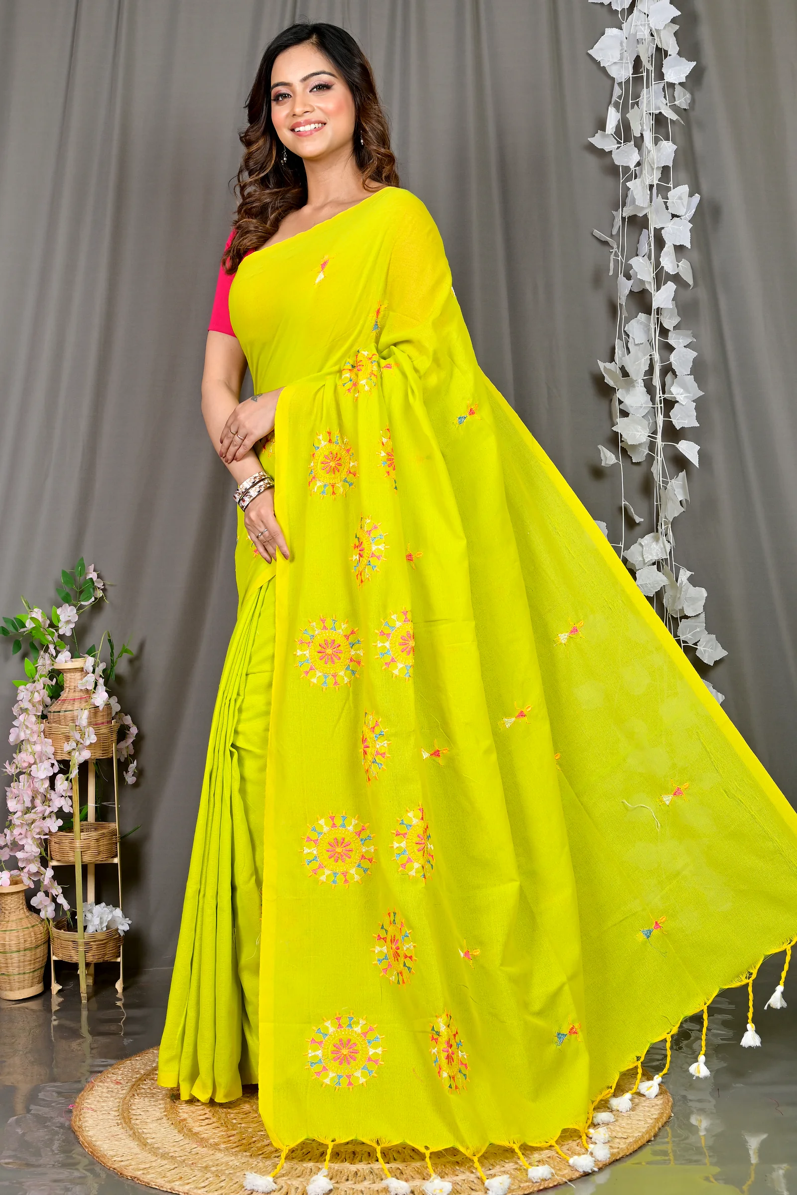 Lime Green Pure Cotton Parama Embroidery Handloom saree (284)