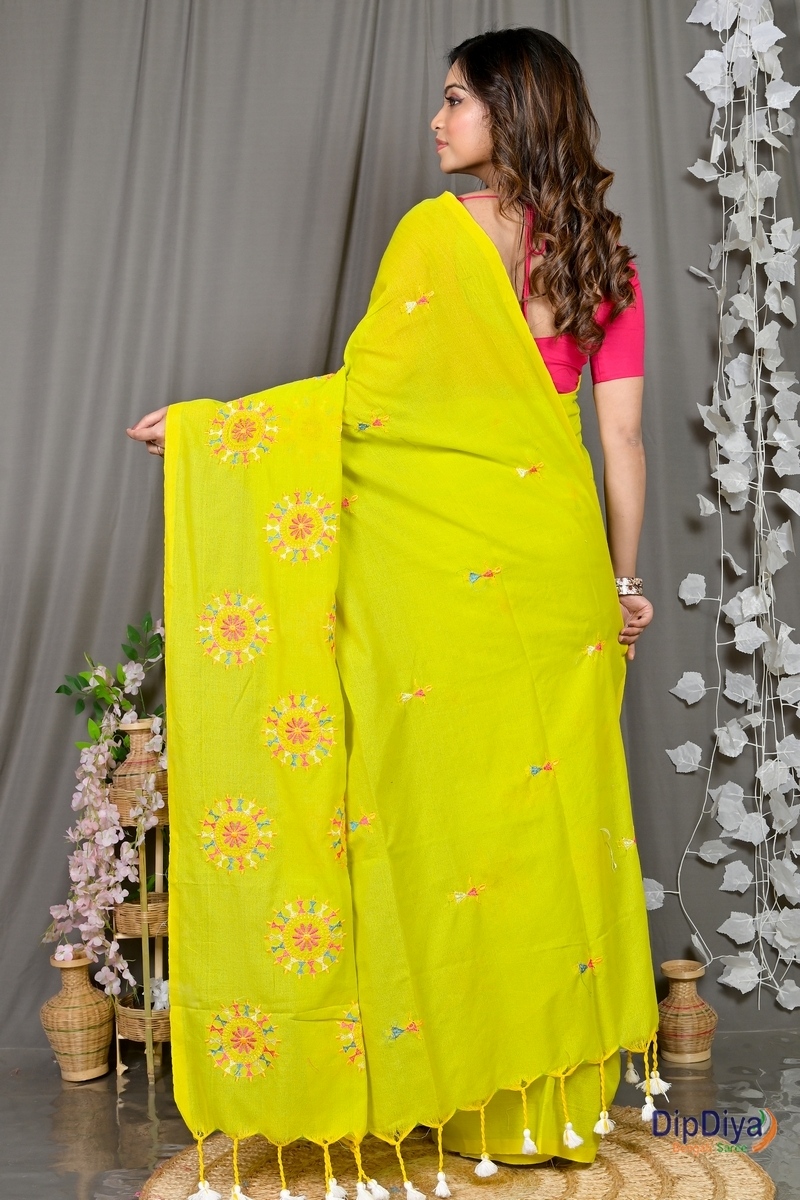 Lime Green Pure Cotton Parama Embroidery Handloom saree (284)
