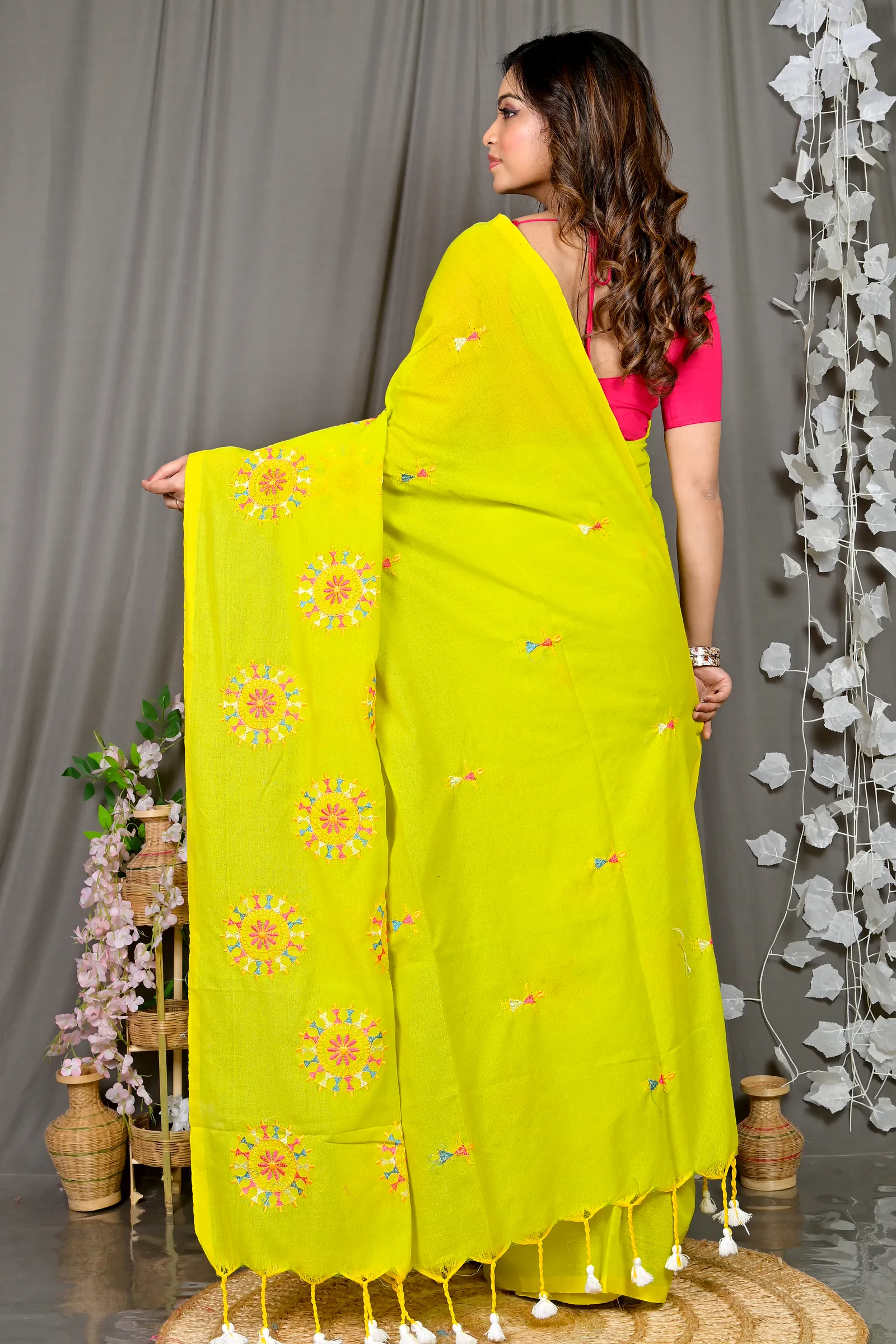 Lime Green Pure Cotton Parama Embroidery Handloom saree (284)