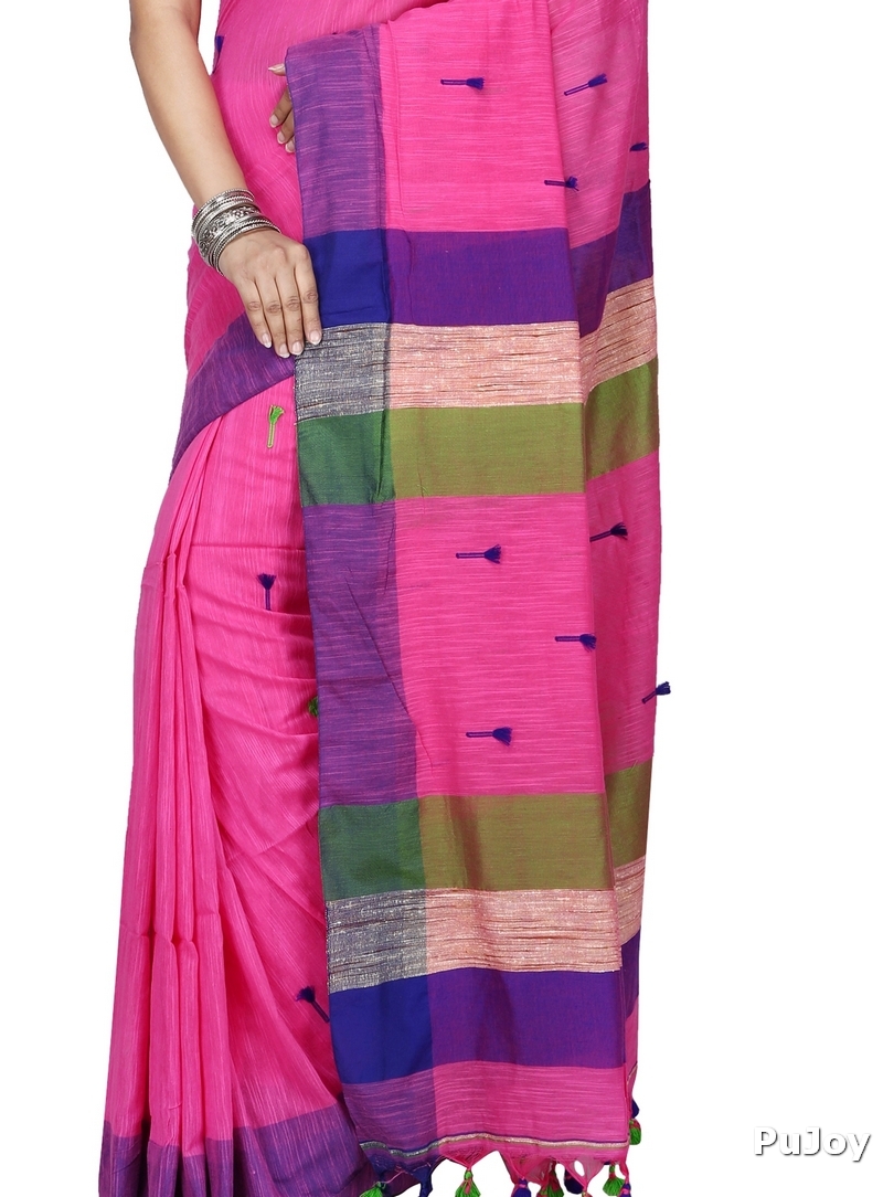 Pink Pure Cotton Clacial Desigined Hand Loom Saree (2847)