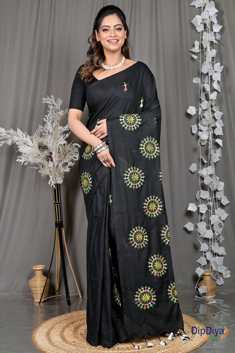 Black Pure Cotton Parama Embroidery Handloom saree (285)