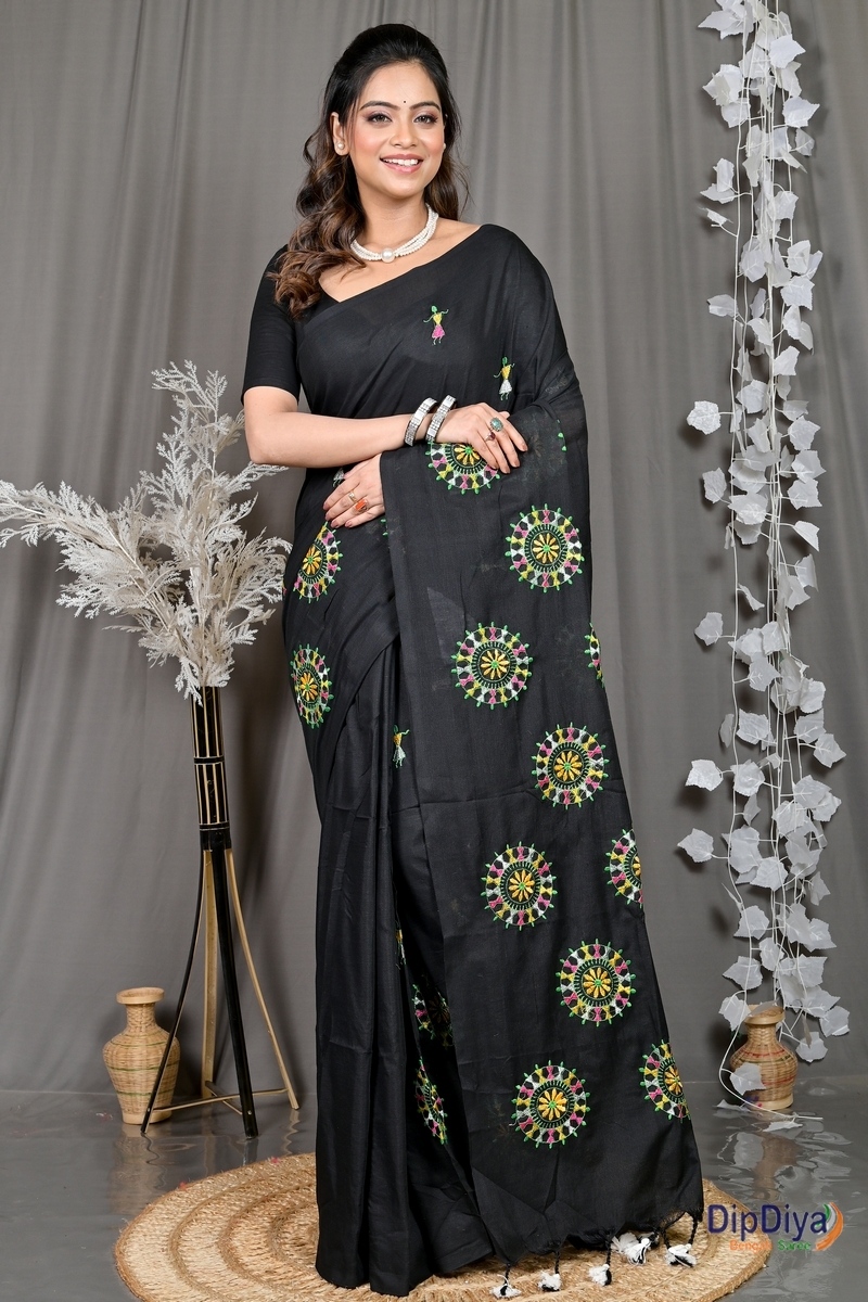 Black Pure Cotton Parama Embroidery Handloom saree (285)