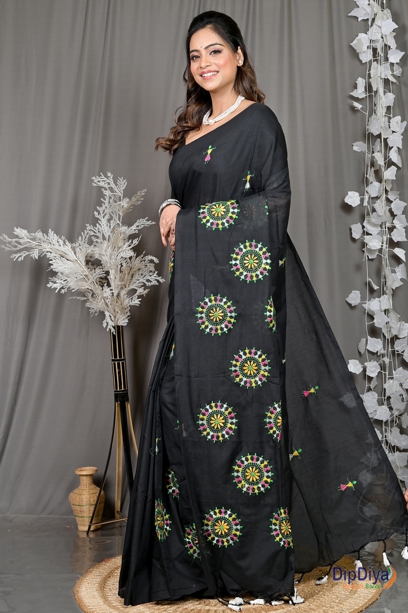 Black Pure Cotton Parama Embroidery Handloom saree (285)