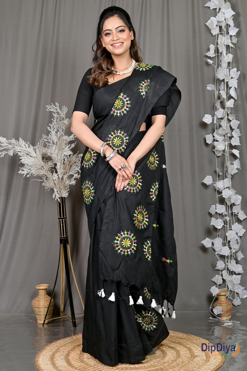 Black Pure Cotton Parama Embroidery Handloom saree (285)