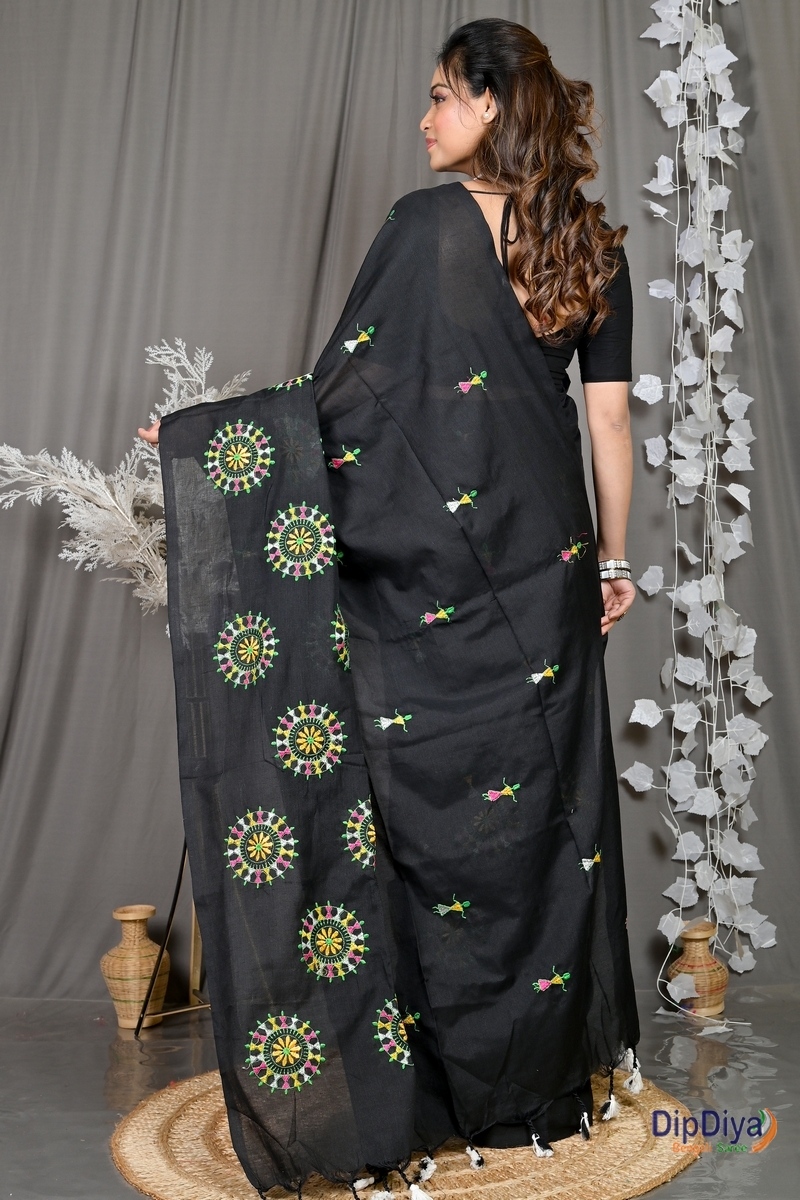 Black Pure Cotton Parama Embroidery Handloom saree (285)