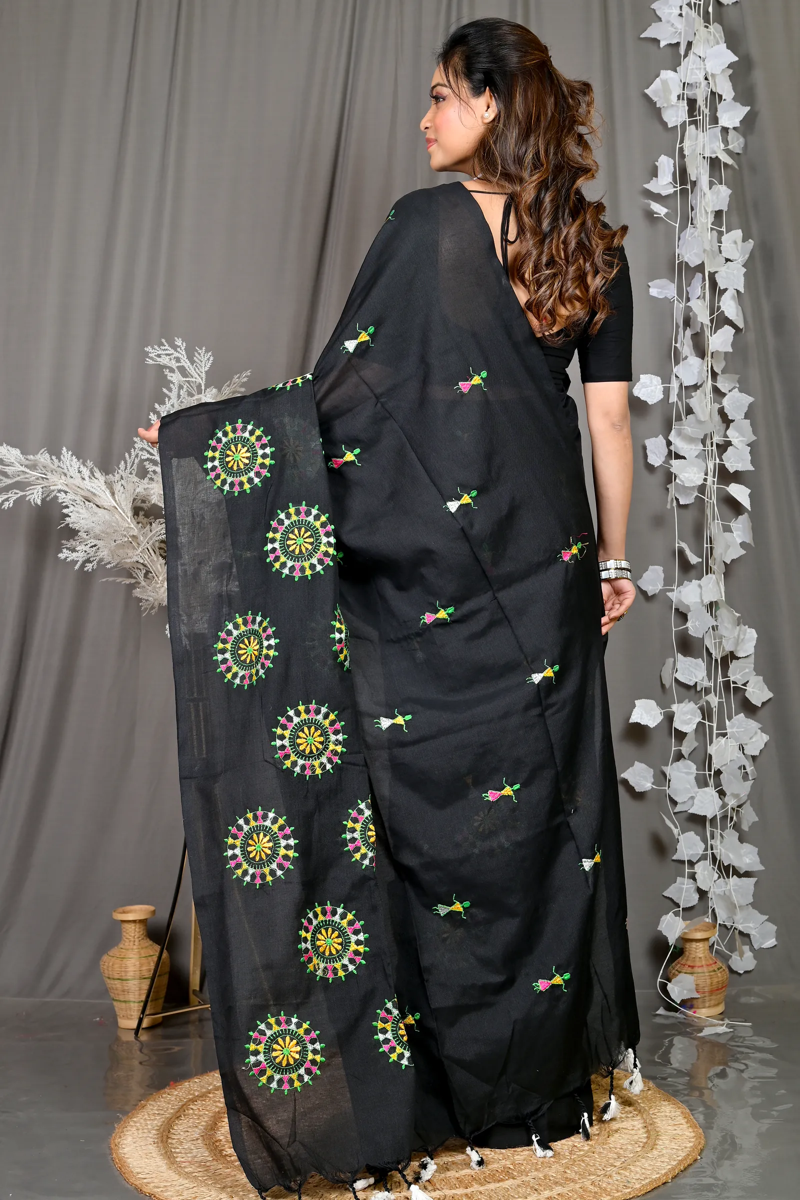 Black Pure Cotton Parama Embroidery Handloom saree (285)