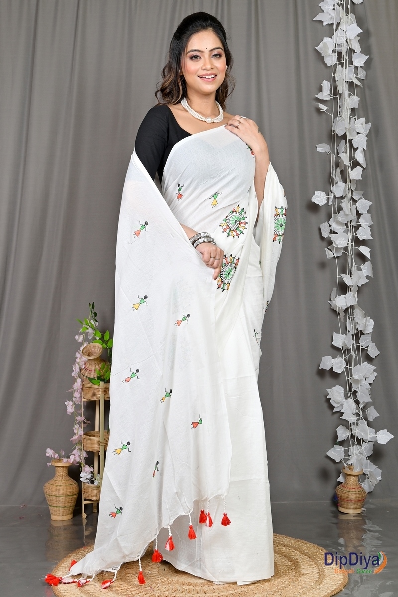 White Pure Cotton Parama Embroidery Handloom saree (286)