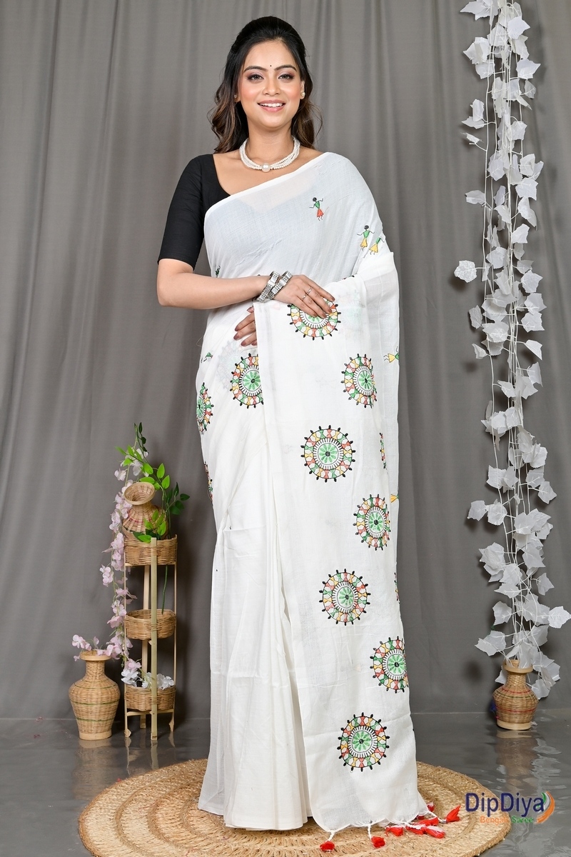 White Pure Cotton Parama Embroidery Handloom saree (286)