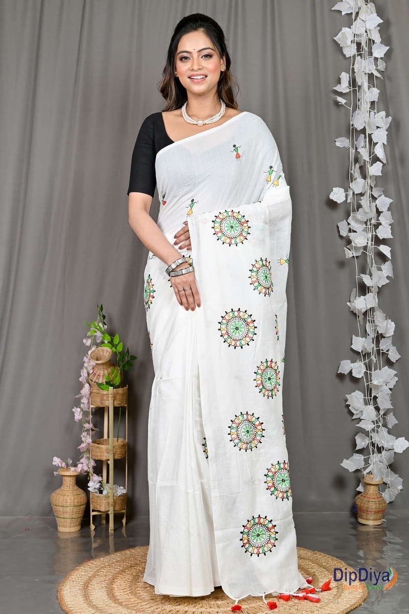 White Pure Cotton Parama Embroidery Handloom saree (286)