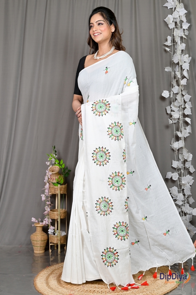 White Pure Cotton Parama Embroidery Handloom saree (286)