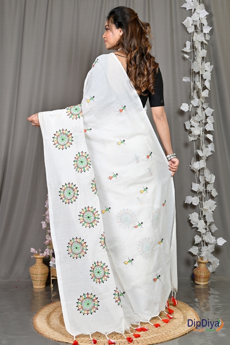 White Pure Cotton Parama Embroidery Handloom saree (286)