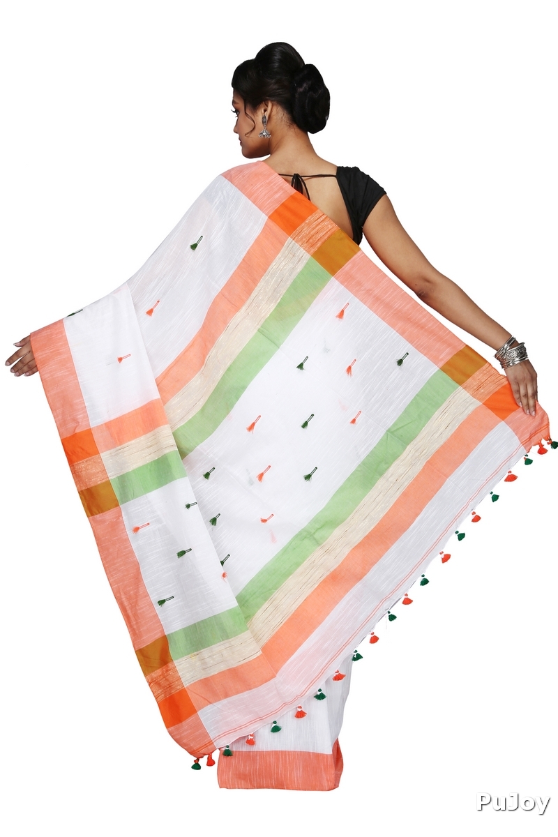 White Pure Cotton Clacial Desigined Hand Loom Saree (2861)