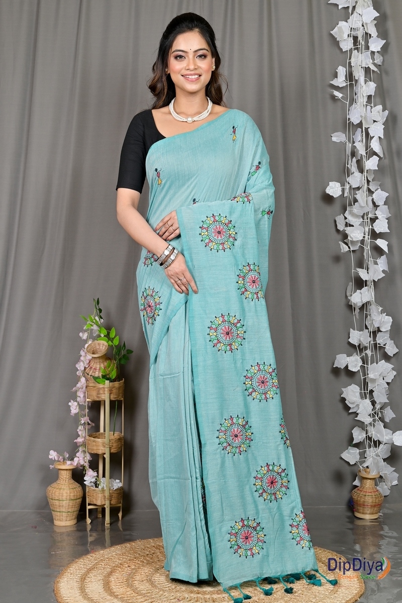 Sky Blue Pure Cotton Parama Embroidery Handloom saree (287)