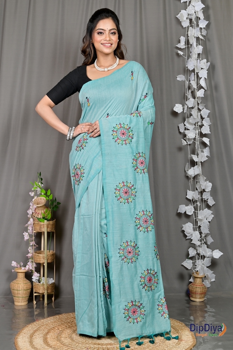 Sky Blue Pure Cotton Parama Embroidery Handloom saree (287)