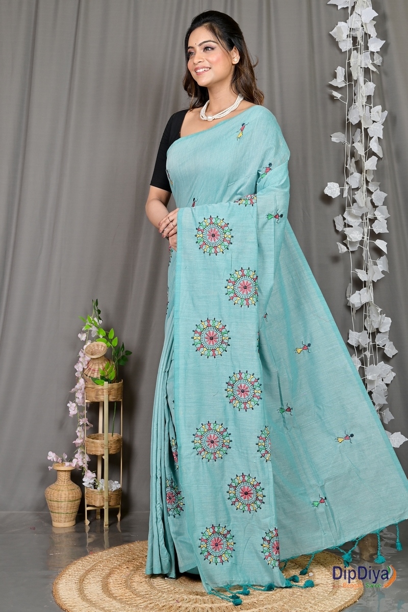 Sky Blue Pure Cotton Parama Embroidery Handloom saree (287)