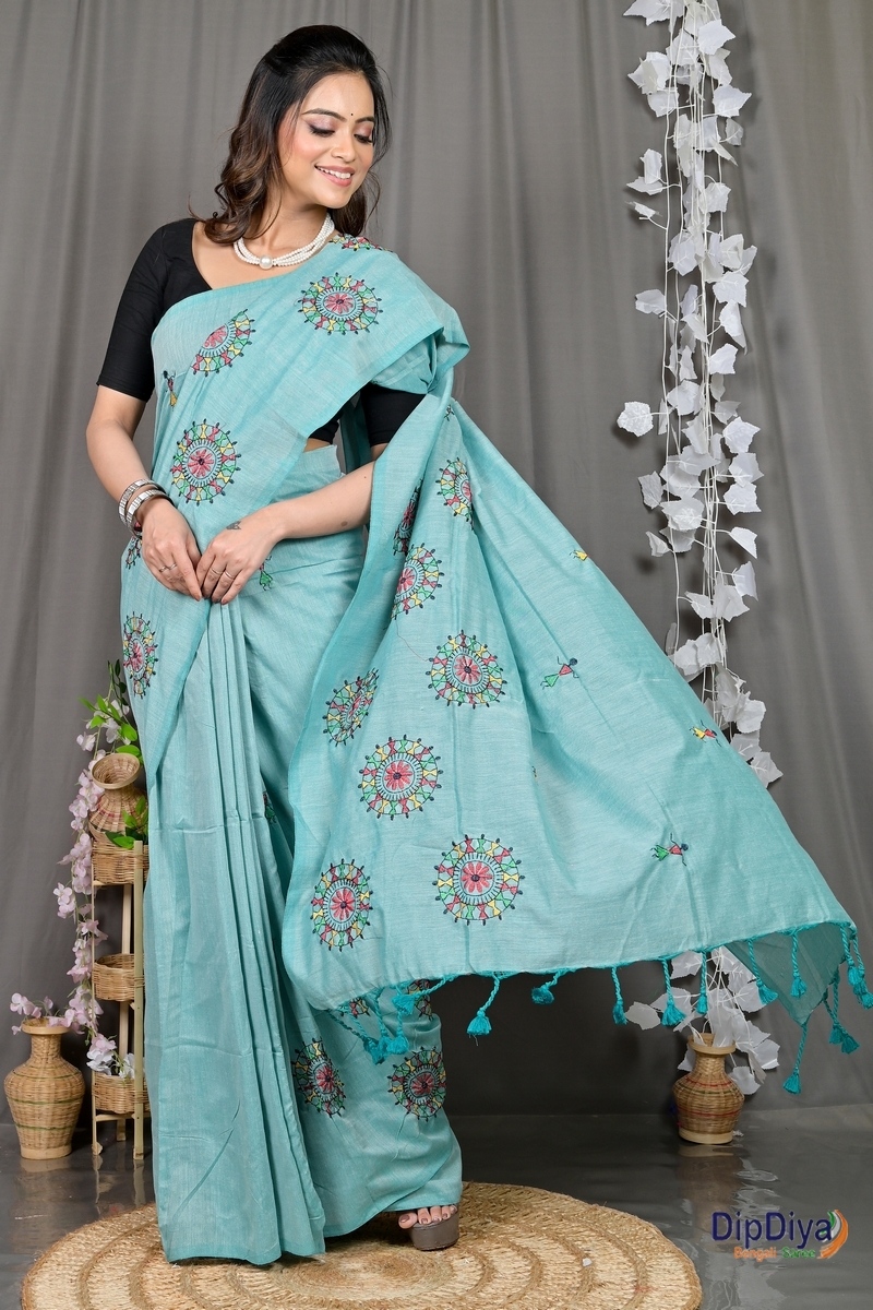Sky Blue Pure Cotton Parama Embroidery Handloom saree (287)