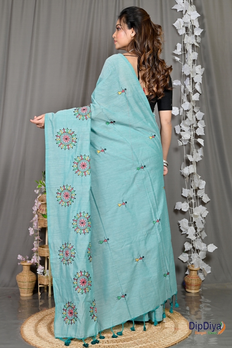 Sky Blue Pure Cotton Parama Embroidery Handloom saree (287)