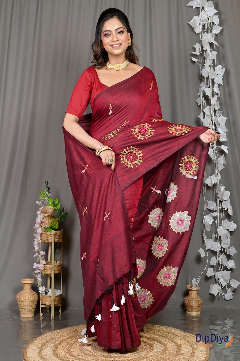 Marun Pure Cotton Parama Embroidery Handloom saree (288)
