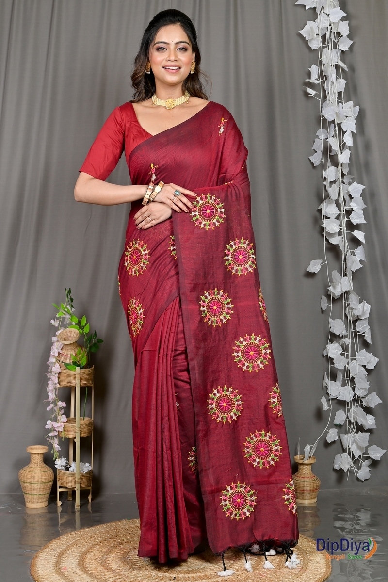 Marun Pure Cotton Parama Embroidery Handloom saree (288)