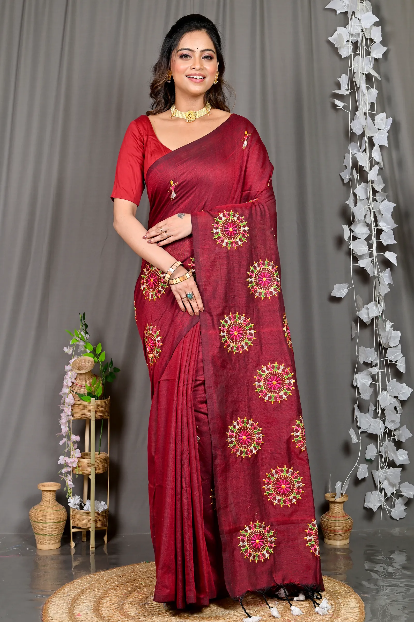 Marun Pure Cotton Parama Embroidery Handloom saree (288)