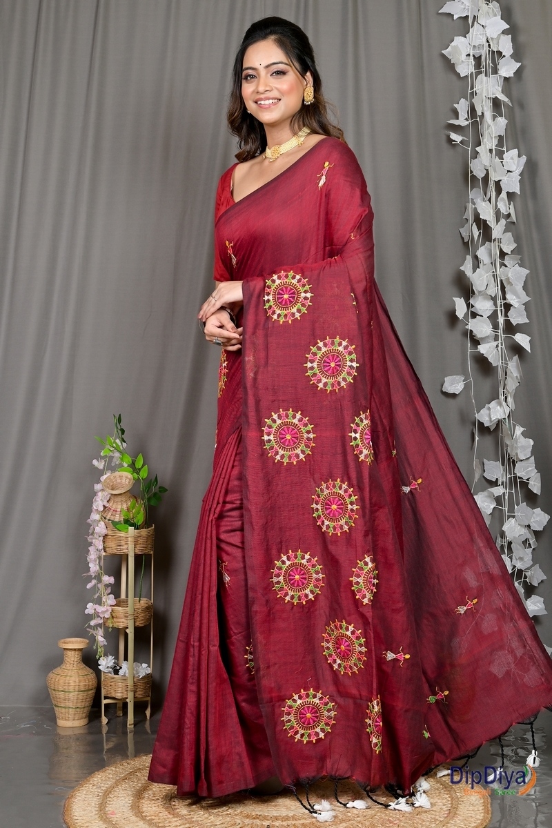 Marun Pure Cotton Parama Embroidery Handloom saree (288)