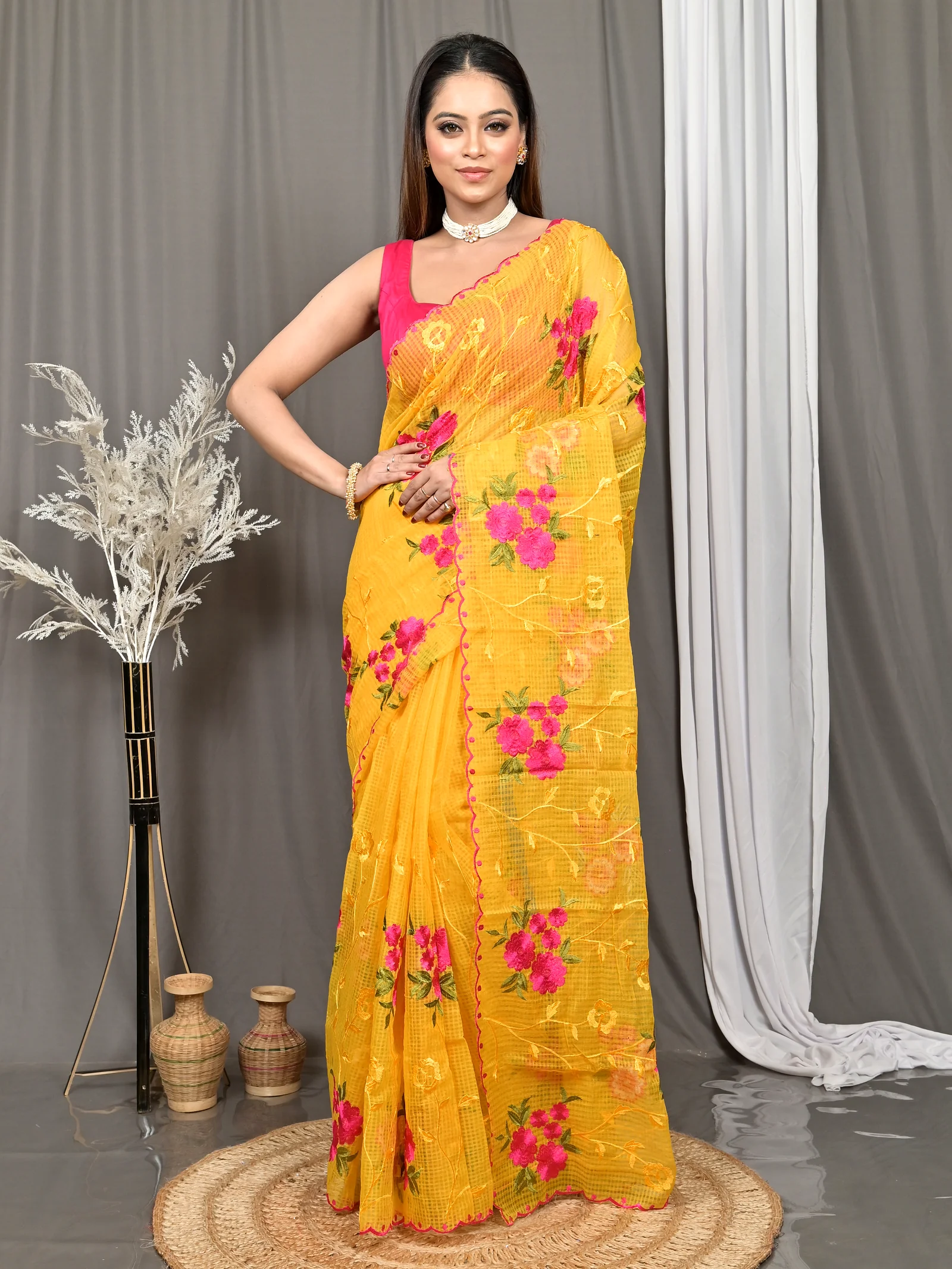 Yellow Cotton Kotambo Mix Kota Embroidery Saree  (29)