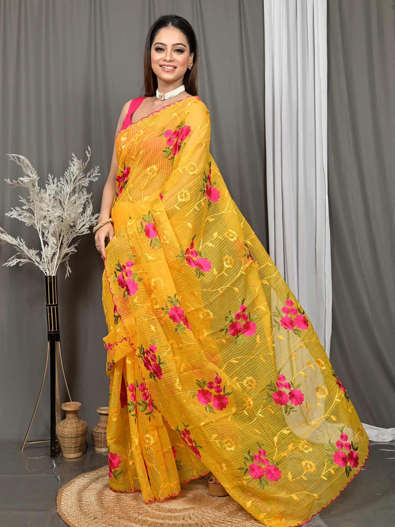 Yellow Cotton Kotambo Mix Kota Embroidery Saree  (29)
