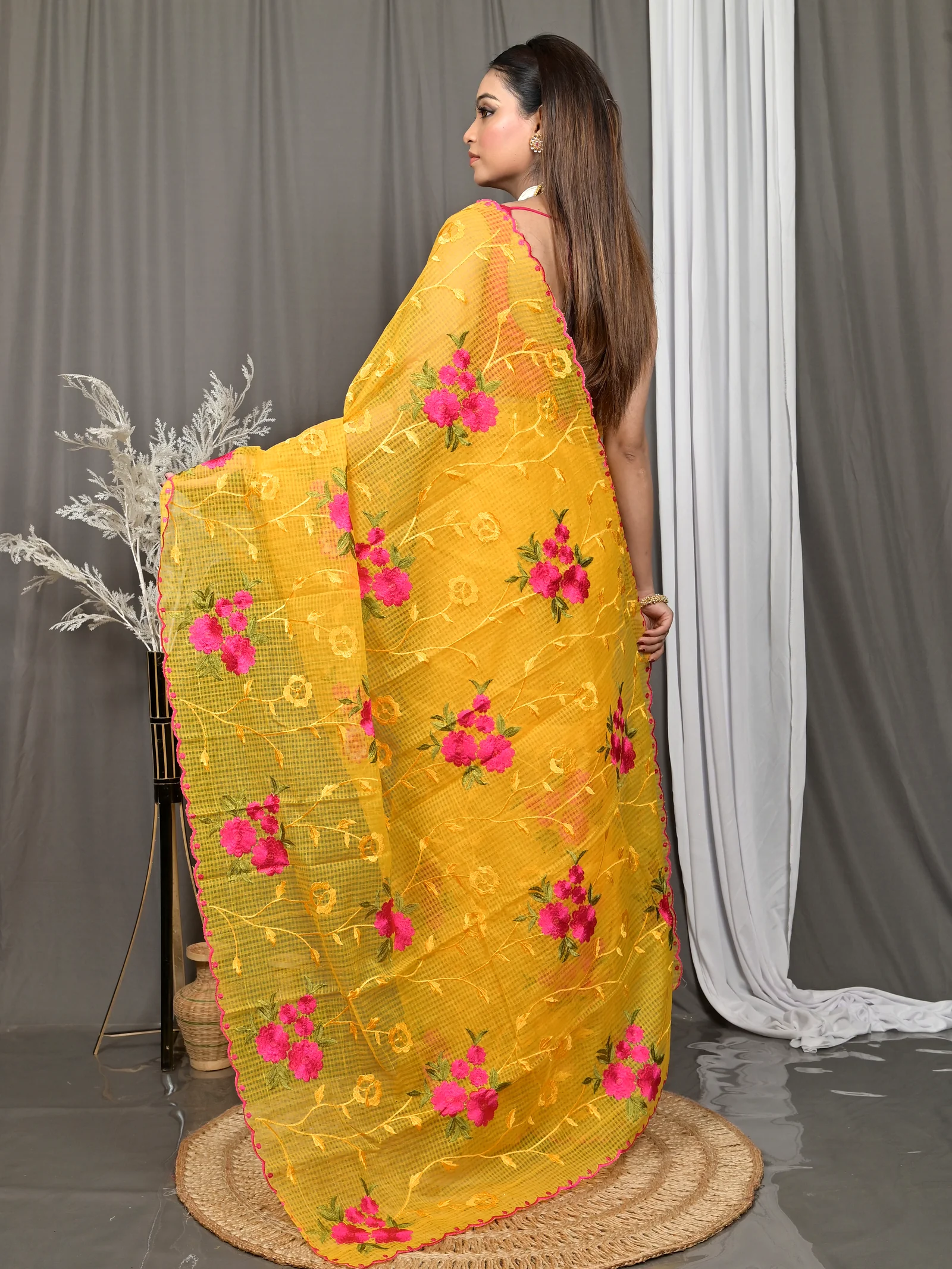Yellow Cotton Kotambo Mix Kota Embroidery Saree  (29)