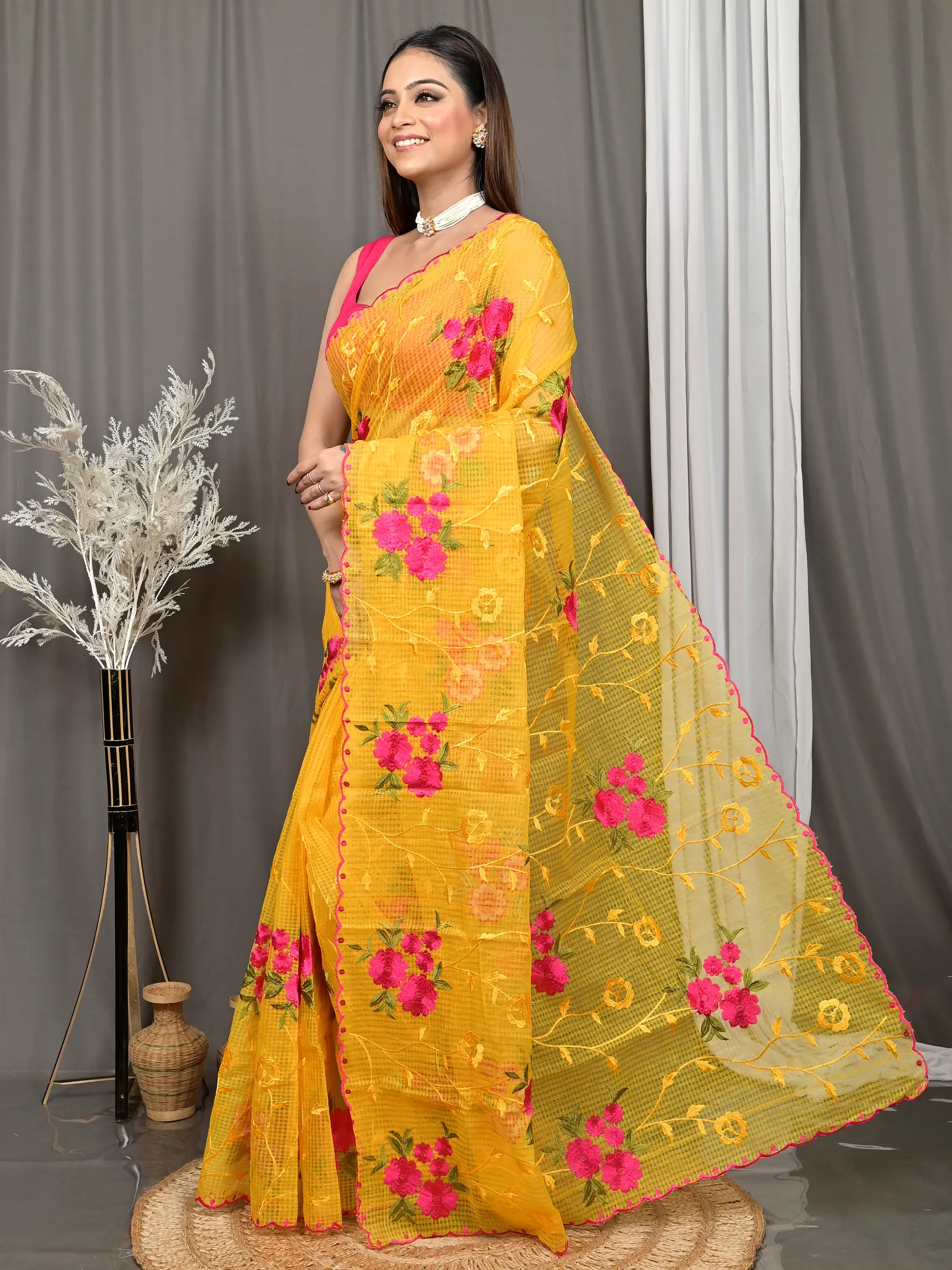 Yellow Cotton Kotambo Mix Kota Embroidery Saree  (29)
